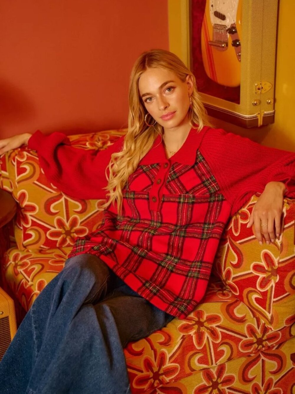 BiBi Plaid Buttoned Collared Top with Sweater Sleeve - Picture 2 of 9